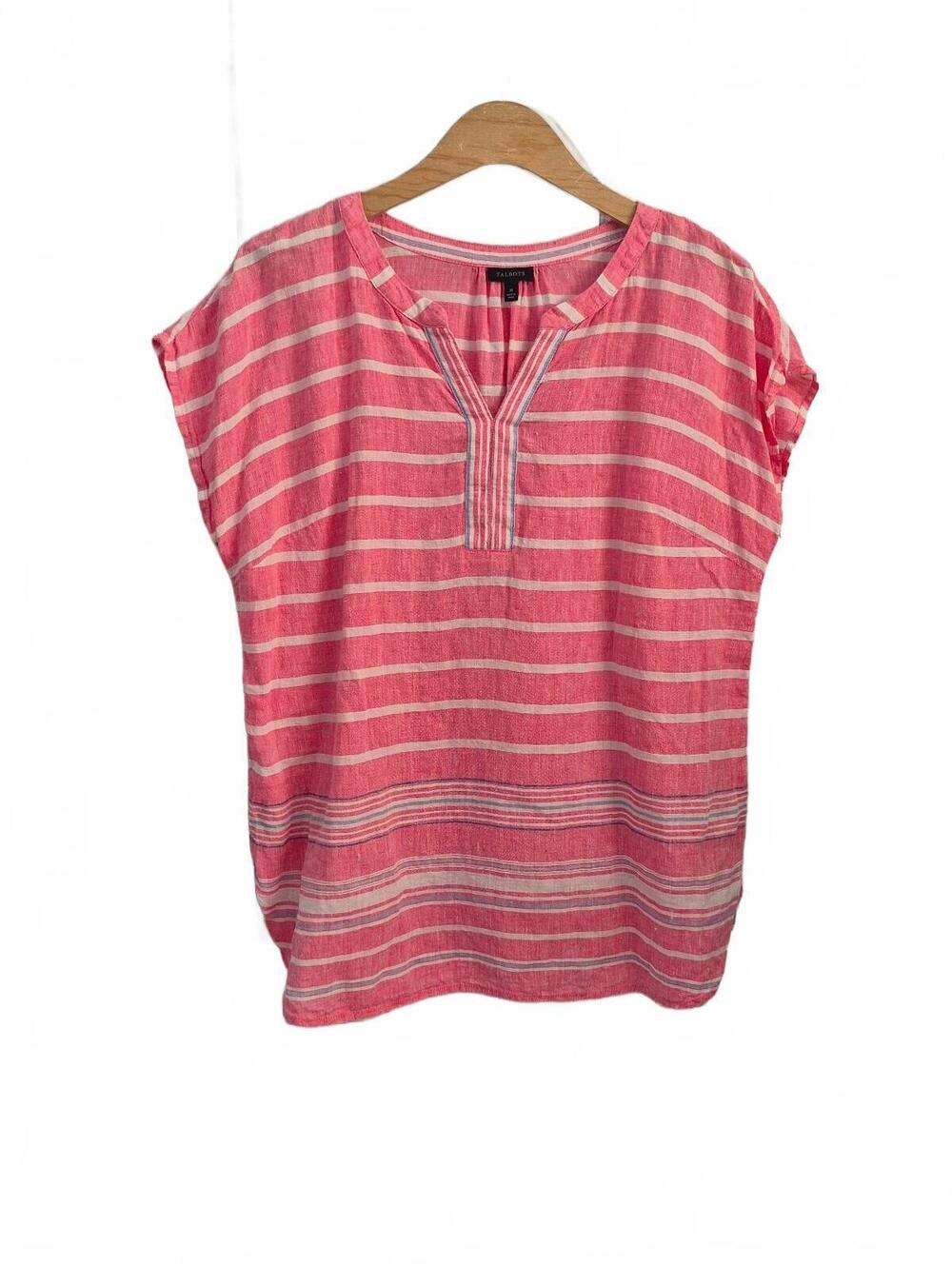 Talbots Pink White Striped 100% Linen Split Neck Tunic Top Size Medium.